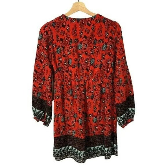 Forever 21 Red Floral Long Sleeve Boho Babydoll Mini Dress M - Picture 2 of 3